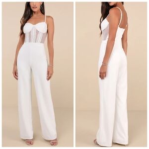 Lulus Perfectly Sultry White Mesh Bustier Wide-Leg Jumpsuit | L | NWT